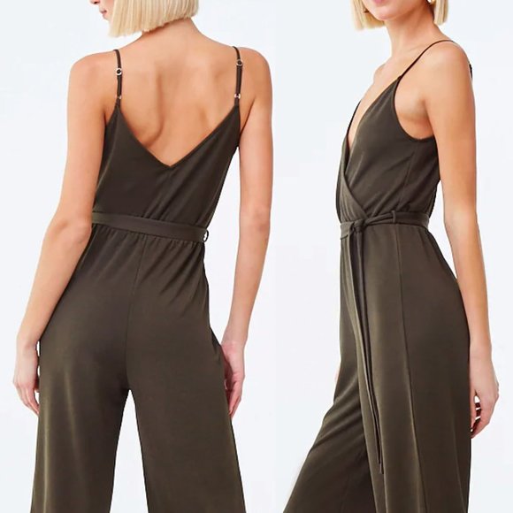 Olive Green Surplice V Neck Wide Leg Belt Jumpsuit - Picture 6 of 8